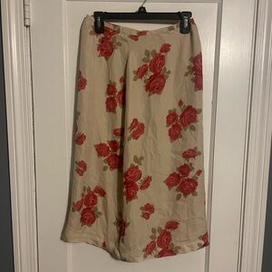 Vintage 90s Y2K Rena Rowan Beige Midi Skirt with Red Rose Print Size 8P